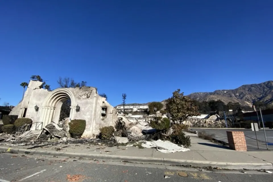 Destroyed Altadena Community Church facade after Eaton Fire in Altadena, California.